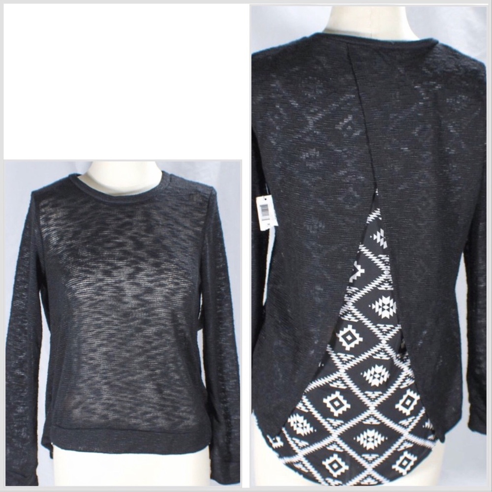 NWT Black Sheer Blouse Knit Long Sleeve Chiffon Back Size Medium